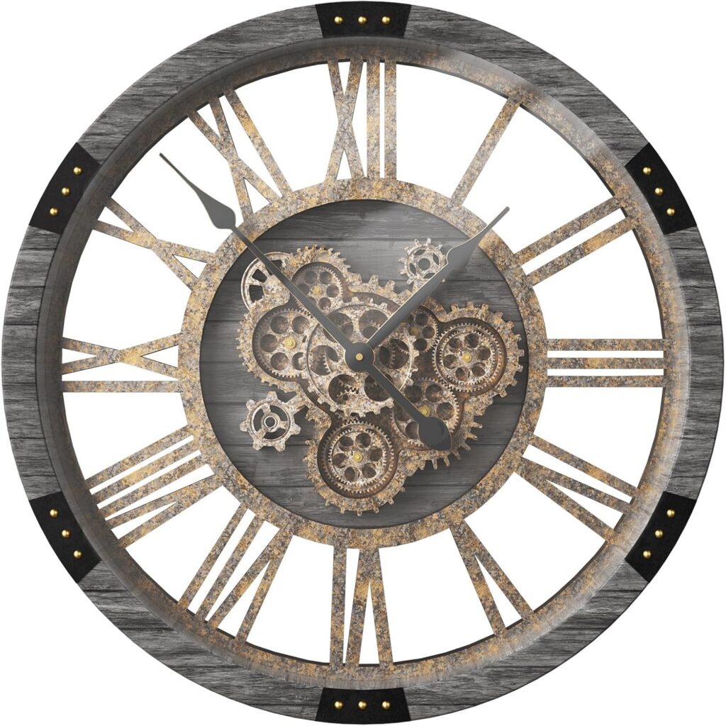 Large 27 Inch Real Moving Gears Wall Clock, Oversized Vintage Solid Wood Farmhouse Clock, Rustic Decorative Wall Clock for Living Room Home Office