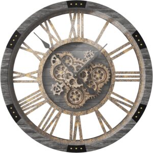 Large 27 Inch Real Moving Gears Wall Clock, Oversized Vintage Solid Wood Farmhouse Clock, Rustic Decorative Wall Clock for Living Room Home Office