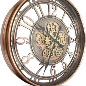 Large Real Moving Gears Wall Clock, Industrial Steampunk Modern Metal Clock for Living Room Decor, Vintage Rustic Decorative Home Clock