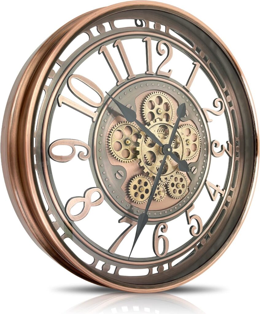 Large Real Moving Gears Wall Clock, Industrial Steampunk Modern Metal Clock for Living Room Decor, Vintage Rustic Decorative Home Clock