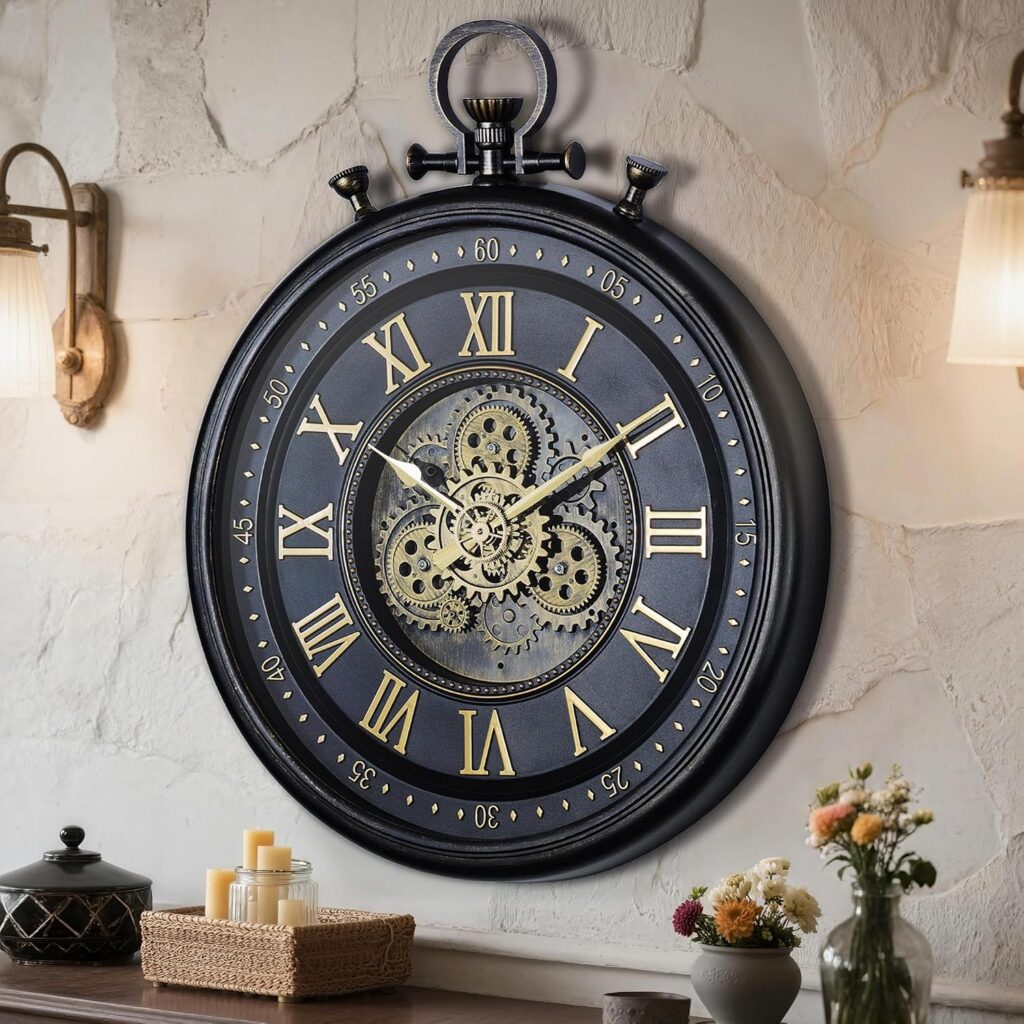 24 Inch Decorative Moving Gear Large Wall Clock, Oversized Industrial Steampunk Gears Clock with Big Numerals for Living Room Decor